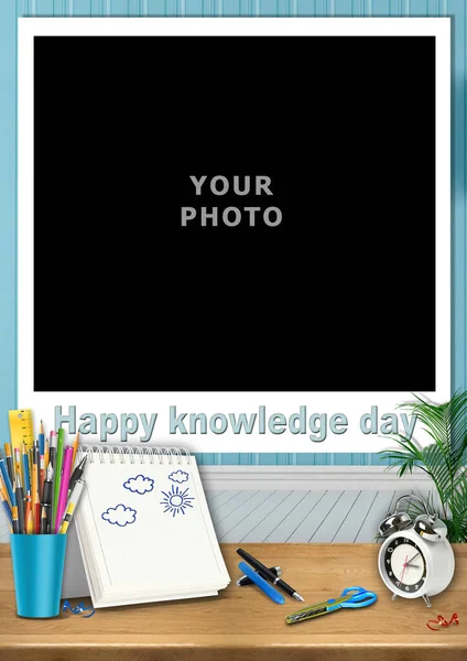 School Photo Frame Day Knowledge Inserting Photo Background Table Pencils — Stock Photo, Image