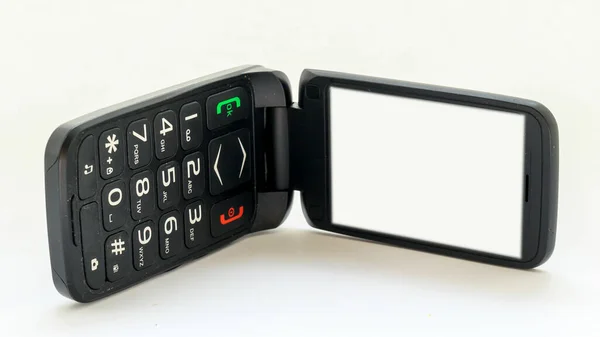 Μαύρο Κινητό Τηλέφωνο Flip Λευκή Οθόνη Λευκό Φόντο — Φωτογραφία Αρχείου