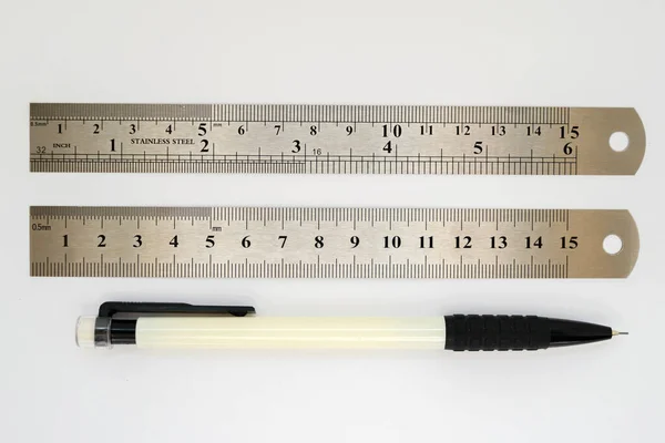 Stainless Steel Iron Ruler Centimeters Thin Graphite Pencil White Background — Fotografia de Stock