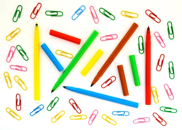 School Background Wallpaper Paper Clips Colored Felt Tip Pens Close — Stock fotografie