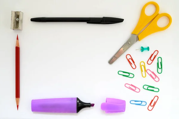 School Supplies Marker Paper Clips Ruler Pen Scissors Pencil Closeup — Stock Fotó