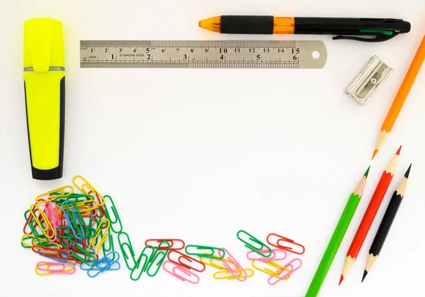 School Supplies Marker Paper Clips Ruler Pen Colored Pencils Close — Stock Fotó