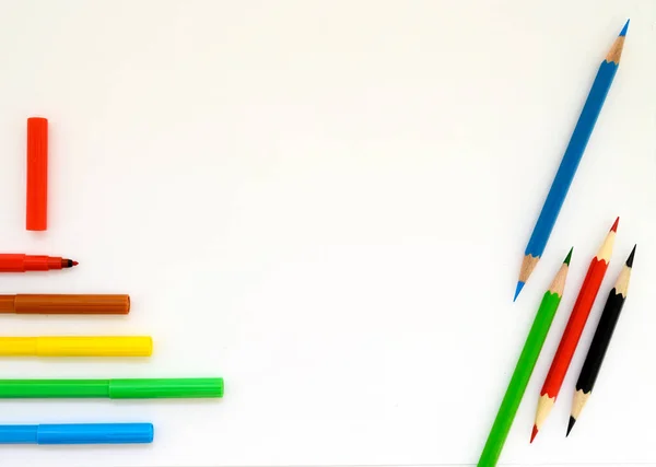 Colored Graphite Pencils Multi Colored Markers Drawing White Background Close — Stockfoto
