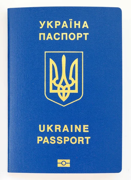 Биометрический Синий Крупный План Загранпаспорта Украины Белом Фоне — стоковое фото