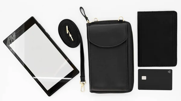 Black Style Wallet Passport Credit Card Tablet Closeup White Background — ストック写真
