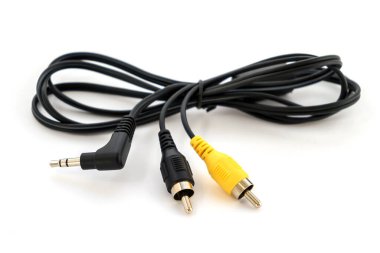 mini jack 3.5 - 2RCA cable closeup isolated on white background