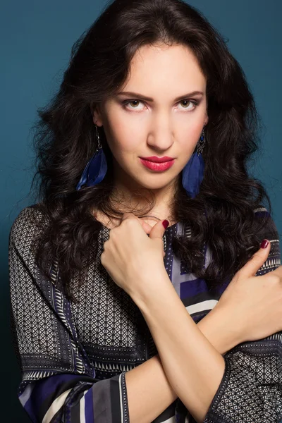 Fashion girl with disco ball over black background — Stock Photo, Image