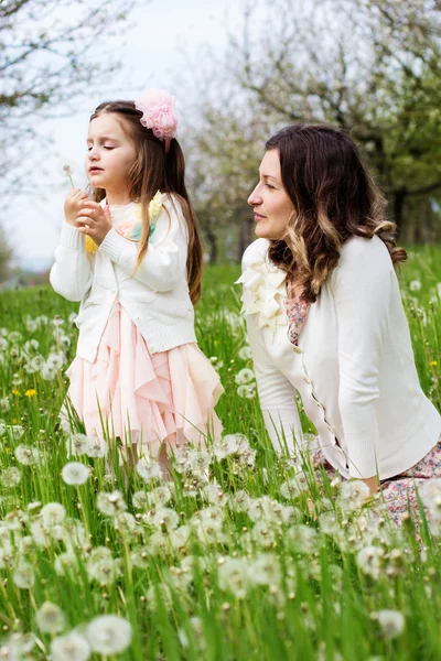 Mother and daughter in field with dandelions — Stock Photo, Image