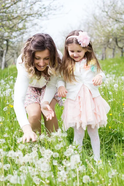 Moeder en dochter in veld met paardebloemen — Stockfoto