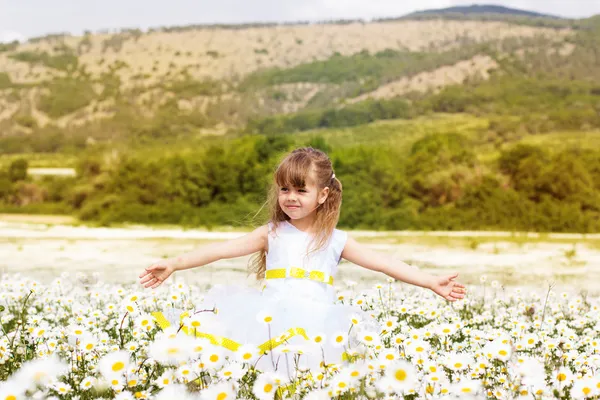 Söta barn flicka på kamomill fält — Stockfoto