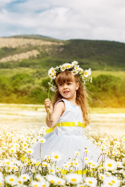 Söta barn flicka på kamomill fält — Stockfoto