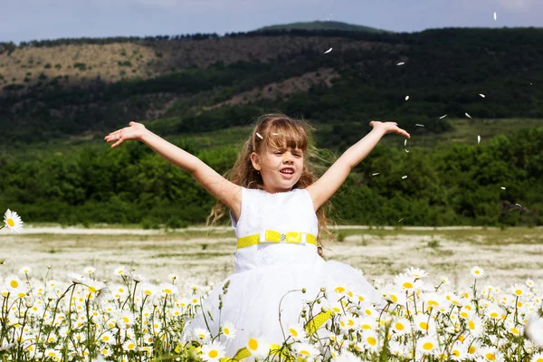 Cute child girl at camomile field — Stock Photo, Image