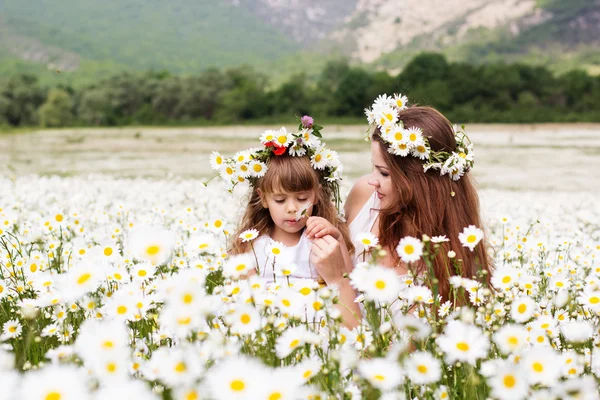 Mãe com seu filho brincando no campo de camomila — Fotografia de Stock