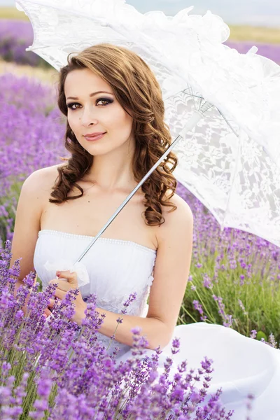 Mooie bruid die zich voordeed op gebied van lavendel — Stockfoto