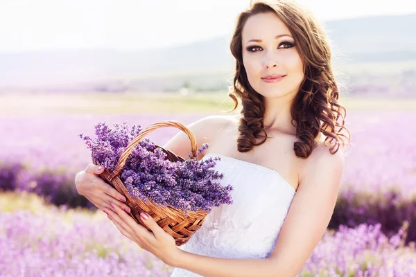 Hermosa novia posando en el campo de la lavanda — Foto de Stock