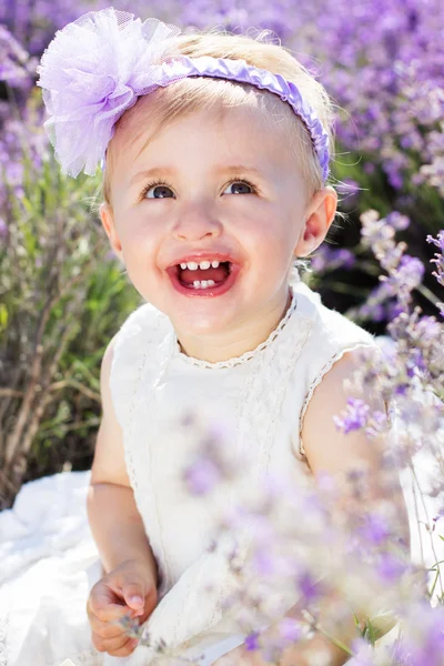 Beautiful little girl in lavender field — Stock Photo, Image