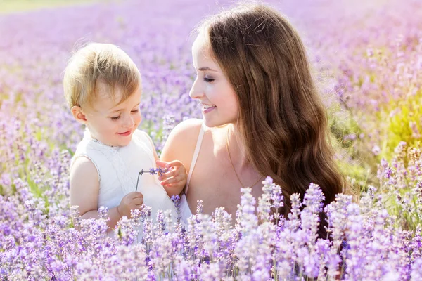 Mãe e gaze brincando no campo de lavanda — Fotografia de Stock