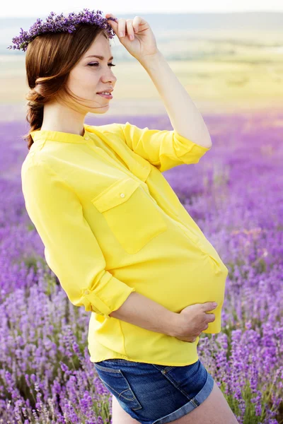 लॅव्हेंडर क्षेत्रात सुंदर गर्भवती महिला — स्टॉक फोटो, इमेज