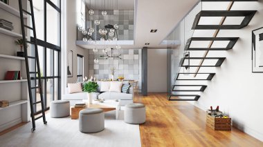 Modern yaşam iç tasarımı. 3d konsept resimleme