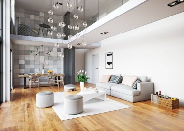 Modern yaşam iç tasarımı. 3d konsept resimleme