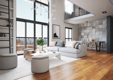 Modern yaşam iç tasarımı. 3d konsept resimleme