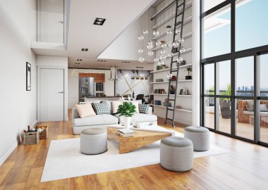 Modern yaşam iç tasarımı. 3d konsept resimleme