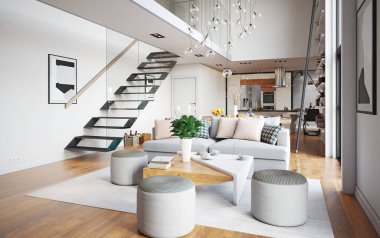Modern yaşam iç tasarımı. 3d konsept resimleme