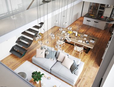 Modern yaşam iç tasarımı. 3d konsept resimleme