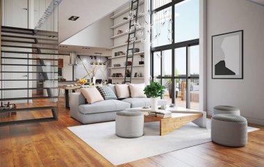 Modern yaşam iç tasarımı. 3d konsept resimleme