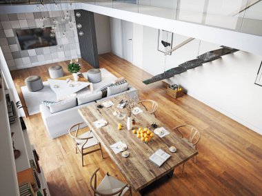 Modern yaşam iç tasarımı. 3d konsept resimleme
