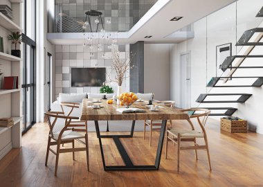 Modern yaşam iç tasarımı. 3d konsept resimleme