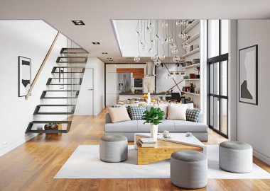 Modern yaşam iç tasarımı. 3d konsept resimleme