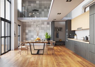 Modern mutfak iç tasarımı. 3d konsept resimleme