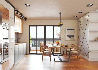 Modern mutfak iç tasarımı. 3d konsept resimleme