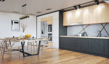 Modern mutfak iç tasarımı. 3d konsept resimleme