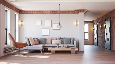 Modern yaşam iç tasarımı. 3d konsept resimleme