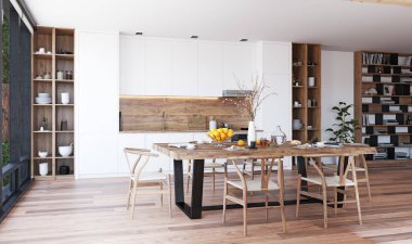 Modern mutfak iç mimarisi. 3d tasarım kavramı