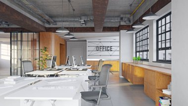 Modern ofis iç tasarım konsepti. 3d görüntüleme fikri
