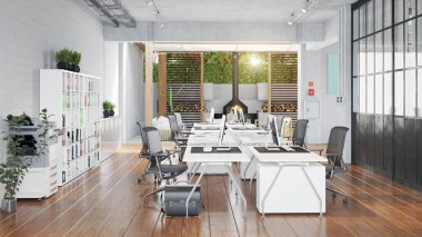 Modern ofis iç tasarım konsepti. 3d görüntüleme fikri