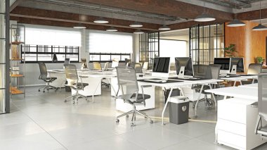 Modern ofis iç tasarım konsepti. 3d görüntüleme fikri