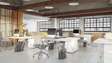 Modern ofis iç tasarım konsepti. 3d görüntüleme fikri