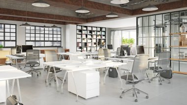 Modern ofis iç tasarım konsepti. 3d görüntüleme fikri