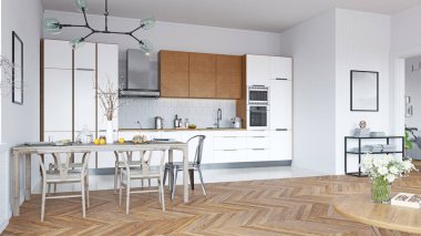 Modern mutfak iç mimarisi. 3d yorumlama konsepti tasarımı