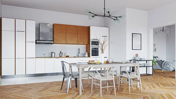 Interior Cozinha Moderna Design Conceito Renderização — Fotografia de Stock