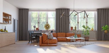 Modern mutfak iç mimarisi. 3d yorumlama konsepti tasarımı