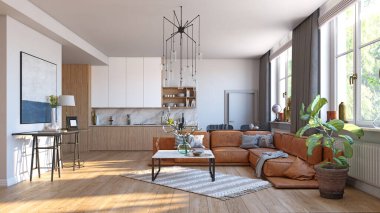 Modern mutfak iç mimarisi. 3d yorumlama konsepti tasarımı