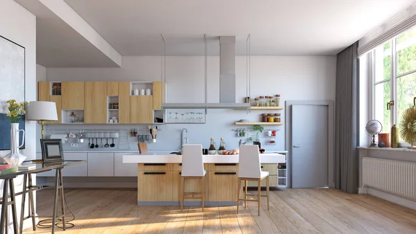 Cucina Moderna Interna Progettazione Concettuale Rendering — Foto Stock