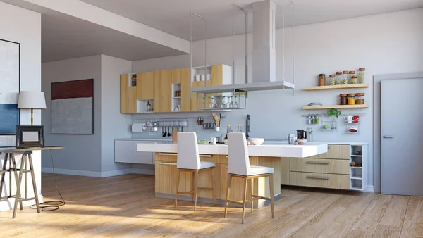 Cucina Moderna Interna Progettazione Concettuale Rendering — Foto Stock