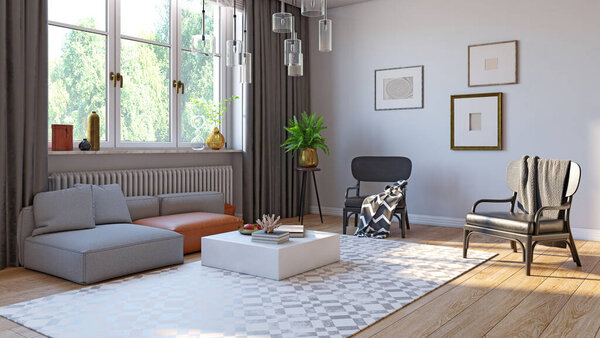 современный жилой интерьер. Концепция 3D рендеринга
