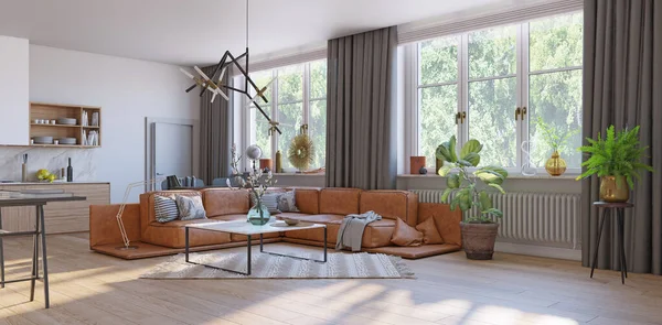 Modern Keukeninterieur Ontwerp Van Het Renderingconcept — Stockfoto